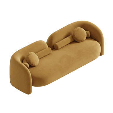 An asymmetrical daybed upholstered in mustard yellow velvet, featuring a distinct rounded, continuous back and armrest on one side that gradually lowers and disappears on the other. It includes two coordinating bolster pillows and one round cushion. — 3D model (AI enhanced source)