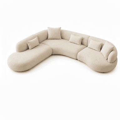 A large, light beige curvilinear modular sectional sofa upholstered in a textured bouclé fabric. The sofa consists of multiple smoothly curved sections that connect to form a wide, flowing seating arrangement, reminiscent of an organic or bean-like shape. It features a low-profile base and comes with several matching rectangular toss pillows. The design is contemporary with soft, rounded edges, prioritizing comfort and a sculptural aesthetic. — 3D model (AI enhanced source)