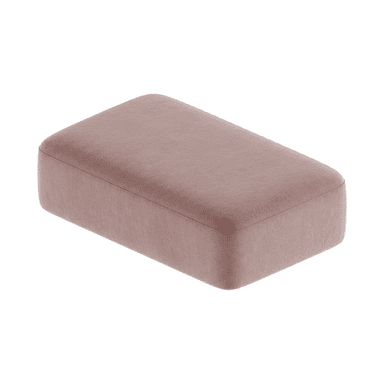 A rectangular upholstered ottoman featuring soft, muted pink fabric and a contemporary design with gently rounded corners. The piece exhibits a seamless appearance with a subtle seam line delineating the top from the side panels, giving it a solid, block-like form. — 3D model (AI enhanced source)