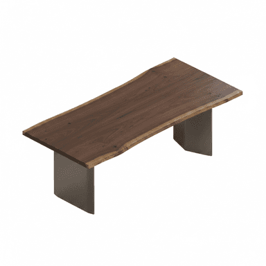 A contemporary dining table featuring a live-edge wooden tabletop and two solid, rectangular metal bases. The tabletop exhibits natural, irregular edges and a prominent wood grain, suggesting a single slab or carefully joined pieces. The bases are dark, matte grey, providing sturdy support and a modern contrast to the organic top. — 3D model (AI enhanced source)