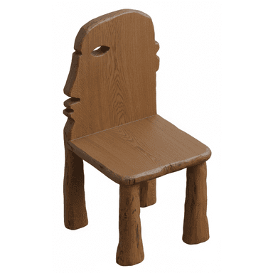 A distinctive carved wooden chair crafted from medium-brown oak, featuring an anthropomorphic backrest shaped like a human profile with a prominent eye cutout. The seat is a flat, solid square, supported by four chunky, irregularly shaped legs that contribute to its primitive, folk-art aesthetic. — 3D model (AI enhanced source)