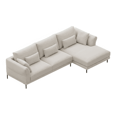 A modern L-shaped sectional sofa featuring an integrated chaise lounge, upholstered in a light beige textured fabric, and supported by slim black metal legs. — 3D model (AI enhanced source)