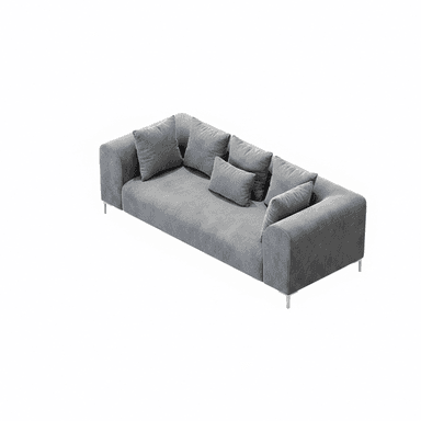A modern, three-seater sofa upholstered in a grey fabric, featuring rounded track arms, loose back cushions, and slender, minimalist metal legs. It includes additional throw pillows for comfort. — 3D model (AI enhanced source)