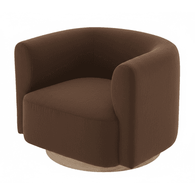 An elegant contemporary swivel barrel chair featuring a dark brown fabric upholstery and a round, light-toned wooden swivel base. The chair has a cohesive, rounded form with integrated armrests and a plush seat cushion. — 3D model (AI enhanced source)