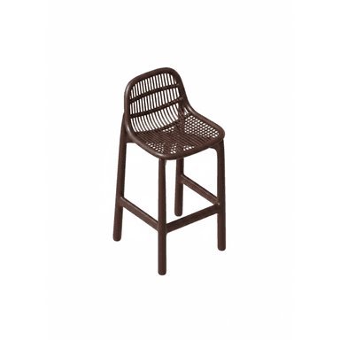 A contemporary bar stool constructed from molded plastic, featuring a slatted backrest and seat. The stool has a dark brown or espresso color and includes an integrated footrest connecting its four legs. The design is minimalist and modern, suggesting suitability for both indoor and outdoor use. — 3D model (AI enhanced source)