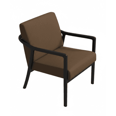A contemporary armchair with a upholstered seat, backrest, and armrests. The frame and legs are constructed from dark material, providing a contrasting visual element to the warm brown upholstery. The design is minimalist and modern. — 3D model (AI enhanced source)