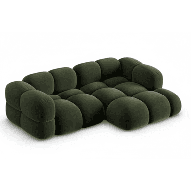 A dark green modular sectional sofa featuring a distinctive bubble or cloud-like design with rounded, plush upholstered cushions forming the back, seat, and arms. The sofa is composed of multiple interconnected sections, forming an L-shape. The upholstery appears to be a soft, possibly velvet or chenille, fabric. — 3D model (AI enhanced source)