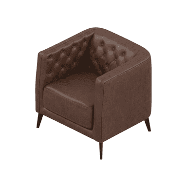 A classic club chair featuring a deep button-tufted backrest and armrests, upholstered in a rich brown leather or faux leather. The chair has a square, sturdy profile with slightly rounded corners and a removable, plush seat cushion. It stands on four slender, tapered black legs. — 3D model (AI enhanced source)