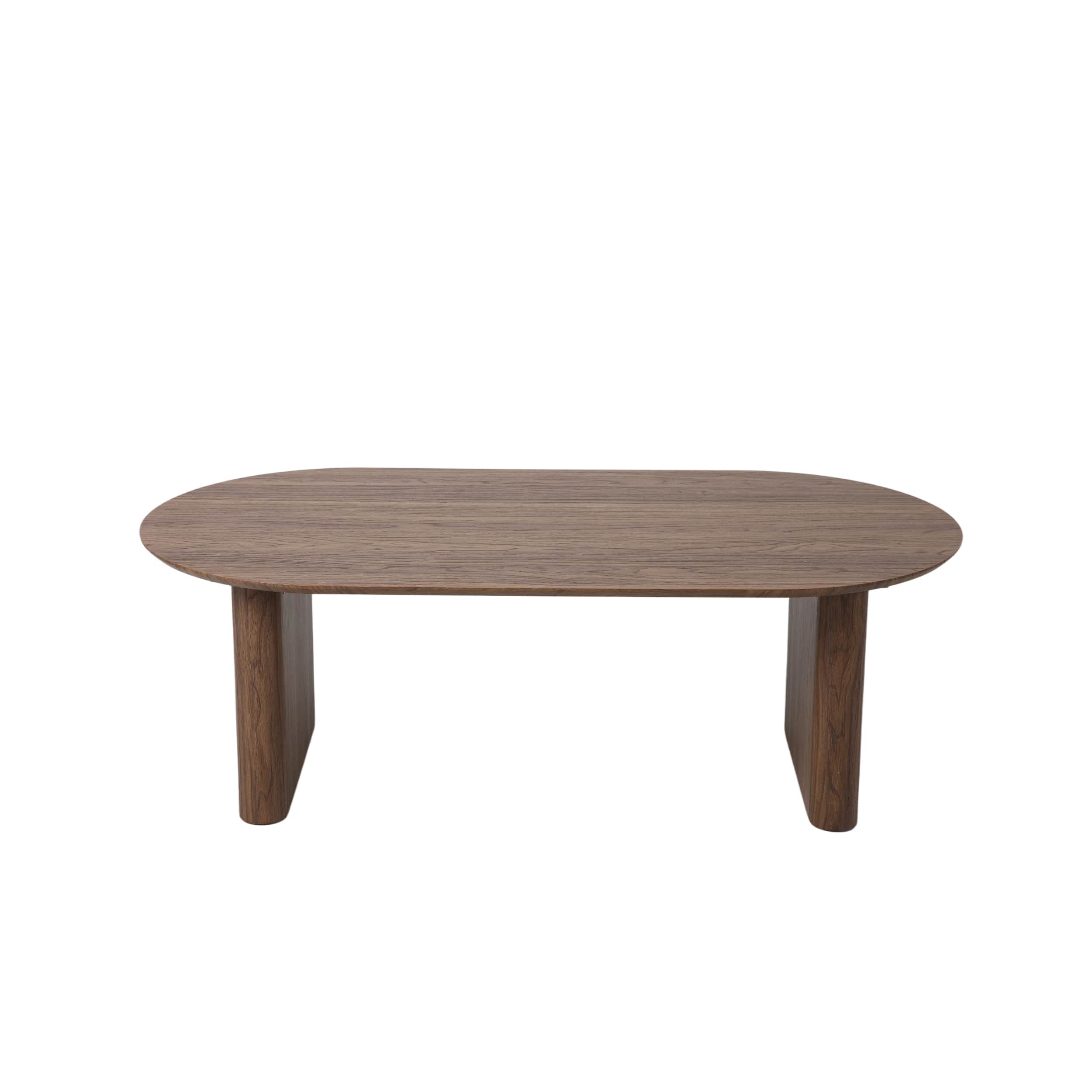 An oval-shaped coffee table crafted from dark wood, featuring a minimalist design with a thick table… — 3D model
