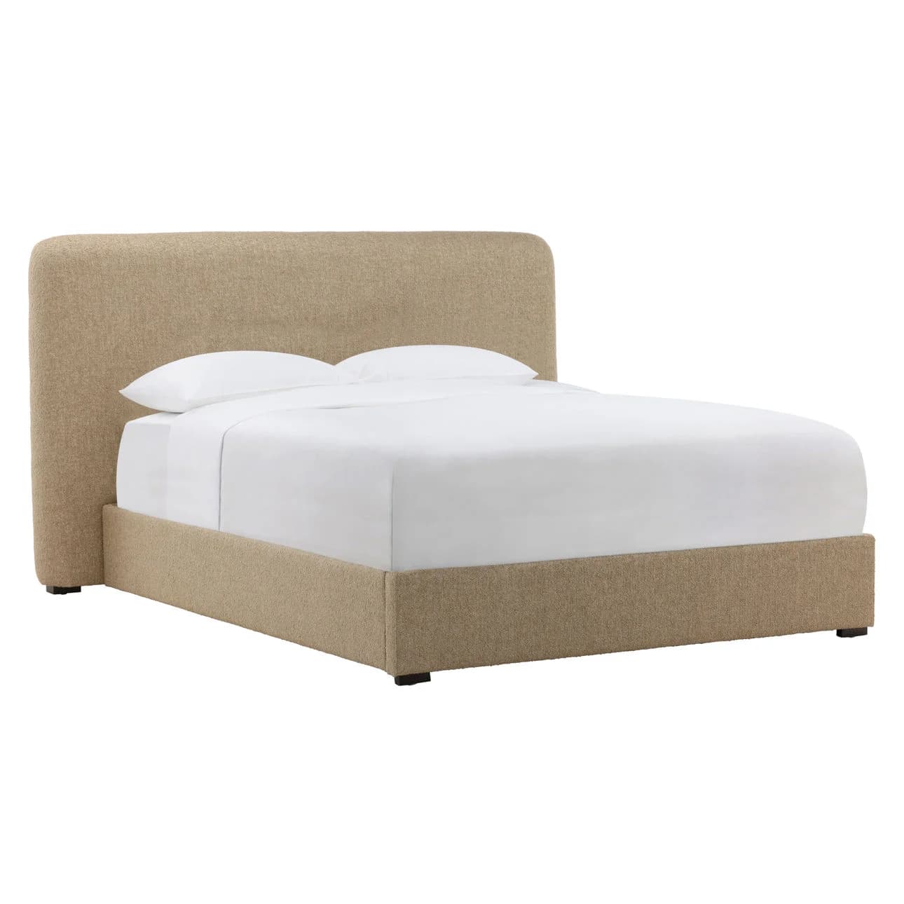 A contemporary upholstered bed frame with a gently curved, rectangular headboard and a low-profile platform base. The headboard extends slightly beyond the width of the mattress area. The frame is covered in a textured, woven fabric and sits on dark, unobtrusive legs. — 3D model