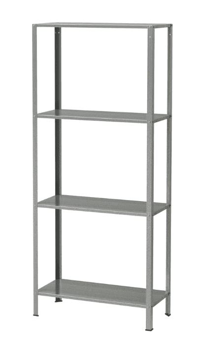 A four-tier, open-frame shelving unit constructed from light gray or silver-colored metal. Each shelf is a flat rectangular panel, and the frame consists of four vertical uprights connected by horizontal and diagonal braces (though diagonal braces are not clearly visible, typical construction implies some form of cross-support or rigid frame). The unit appears sturdy and designed for utilitarian storage, with a simple, functional aesthetic. — 3D model
