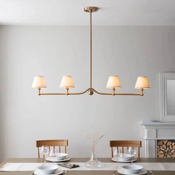 A linear chandelier with a central pole extending to a horizontal arm from which four lampshades are… — 3D model