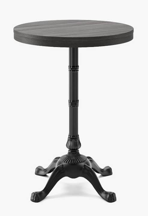 A round bar table featuring a dark wood-grain tabletop supported by a black, ornate cast metal pedes… — 3D model