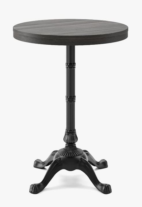 A round bar table featuring a dark wood-grain tabletop supported by a black, ornate cast metal pedestal base with four scrolled feet. — 3D model