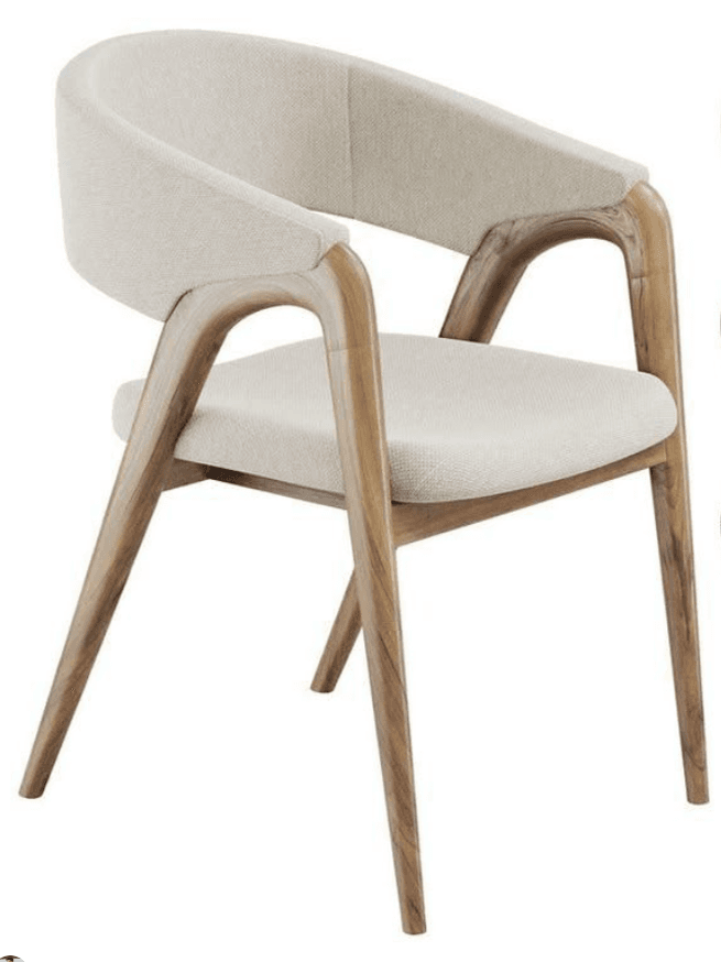 A modern armchair featuring a light-toned wooden frame with continuously curved arms and back, supporting an upholstered seat and backrest in a neutral beige fabric. The chair has four tapered wooden legs. — 3D model