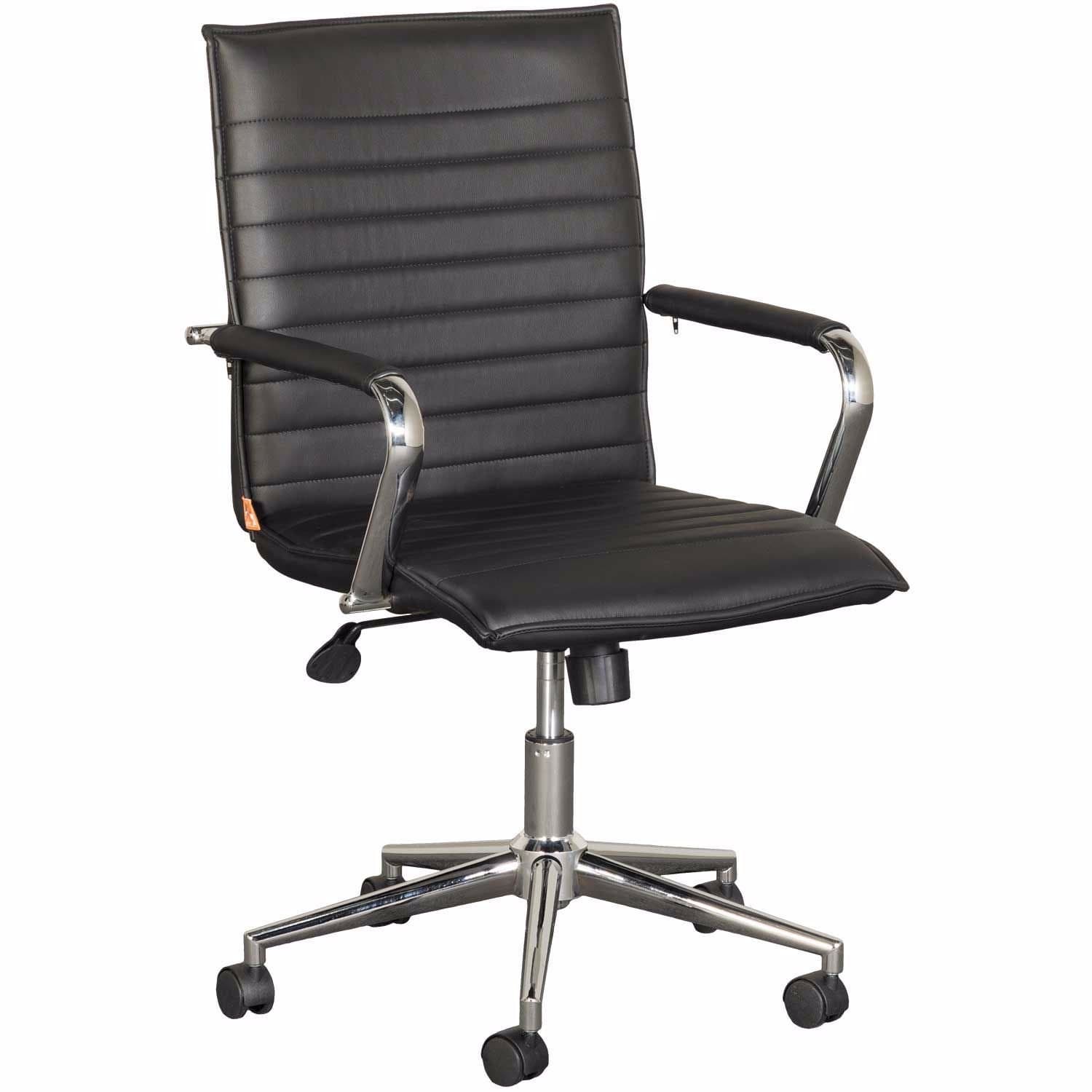A black executive office chair with a padded seat and backrest featuring horizontal channel tufting. It has chrome-finished armrests and a five-star base with casters for mobility. The chair appears to be height-adjustable via a central pneumatic lift. — 3D model