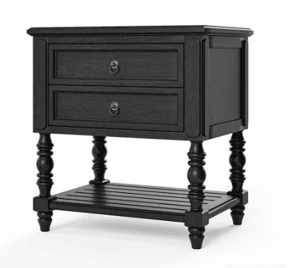 A traditional black nightstand featuring two storage drawers with brass ring pulls, supported by fou… — 3D model
