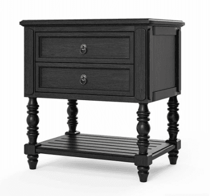 A traditional black nightstand featuring two storage drawers with brass ring pulls, supported by four turned spool legs, and includes a slatted lower shelf. — 3D model