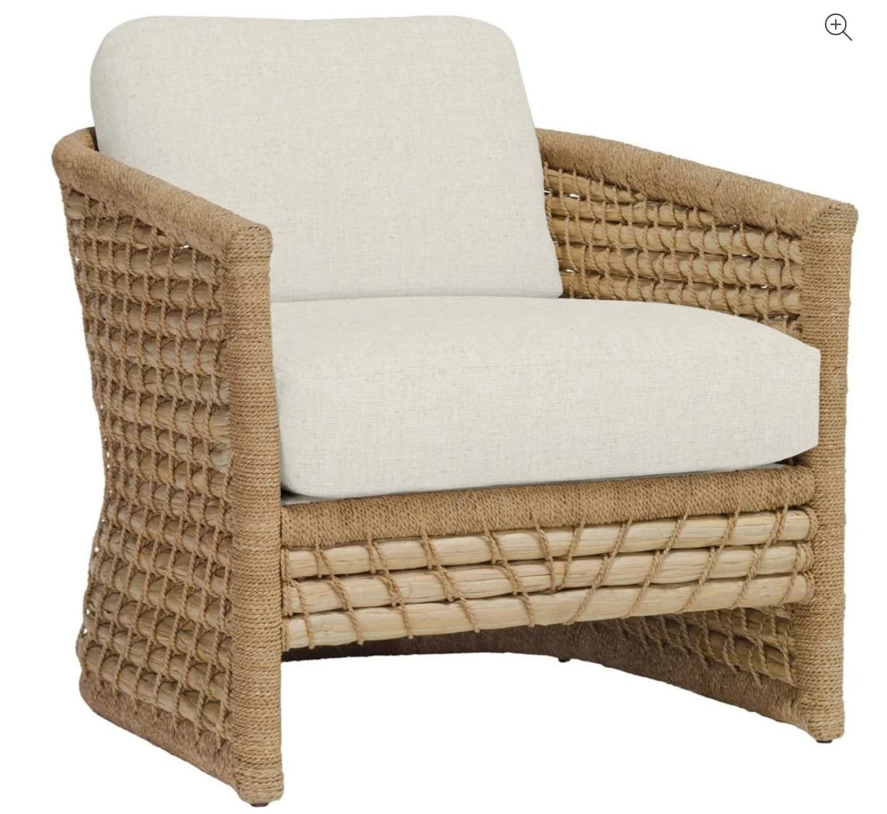 A contemporary lounge chair featuring a sturdy frame constructed from natural woven fibers, likely jute or abaca, in an intricate basketweave pattern. It includes thick, plush upholstered seat and back cushions in a light, neutral fabric, suggesting comfort and a relaxed aesthetic. — 3D model