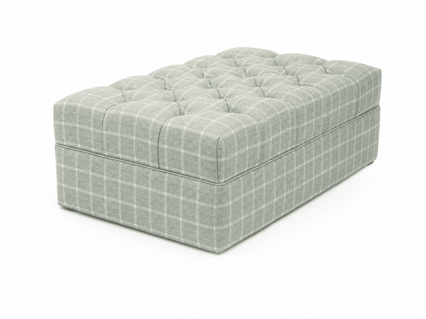 A rectangular, upholstered ottoman with a tufted top surface. The ottoman features a grid pattern fabric upholstery in a muted green and off-white color scheme. The tufting is arranged in a diamond pattern across the top. The sides are upholstered and form a clean, box-like structure. — 3D model