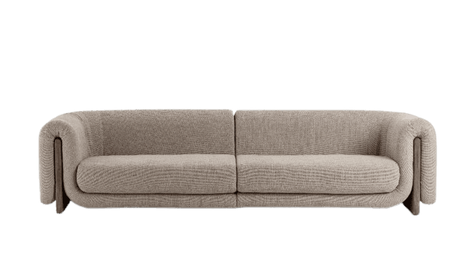 A contemporary two-seater sofa featuring light beige textured fabric upholstery. It has distinctive rounded arms with integrated natural wood elements that form part of its structural and aesthetic design. The sofa is composed of two individual back cushions and two seat cushions, giving it a clean, modular appearance. The overall silhouette is low-profile and minimalist. — 3D model