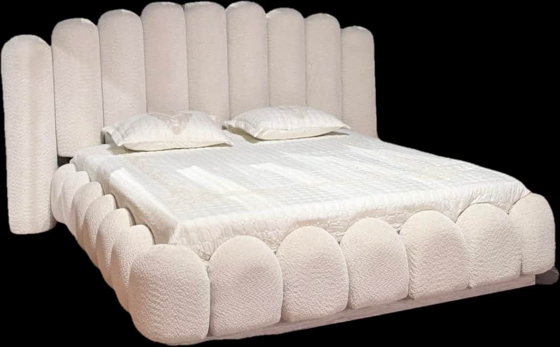 A contemporary platform bed with a distinctive scalloped design, fully upholstered in a textured cre… — free BLEND 3D model