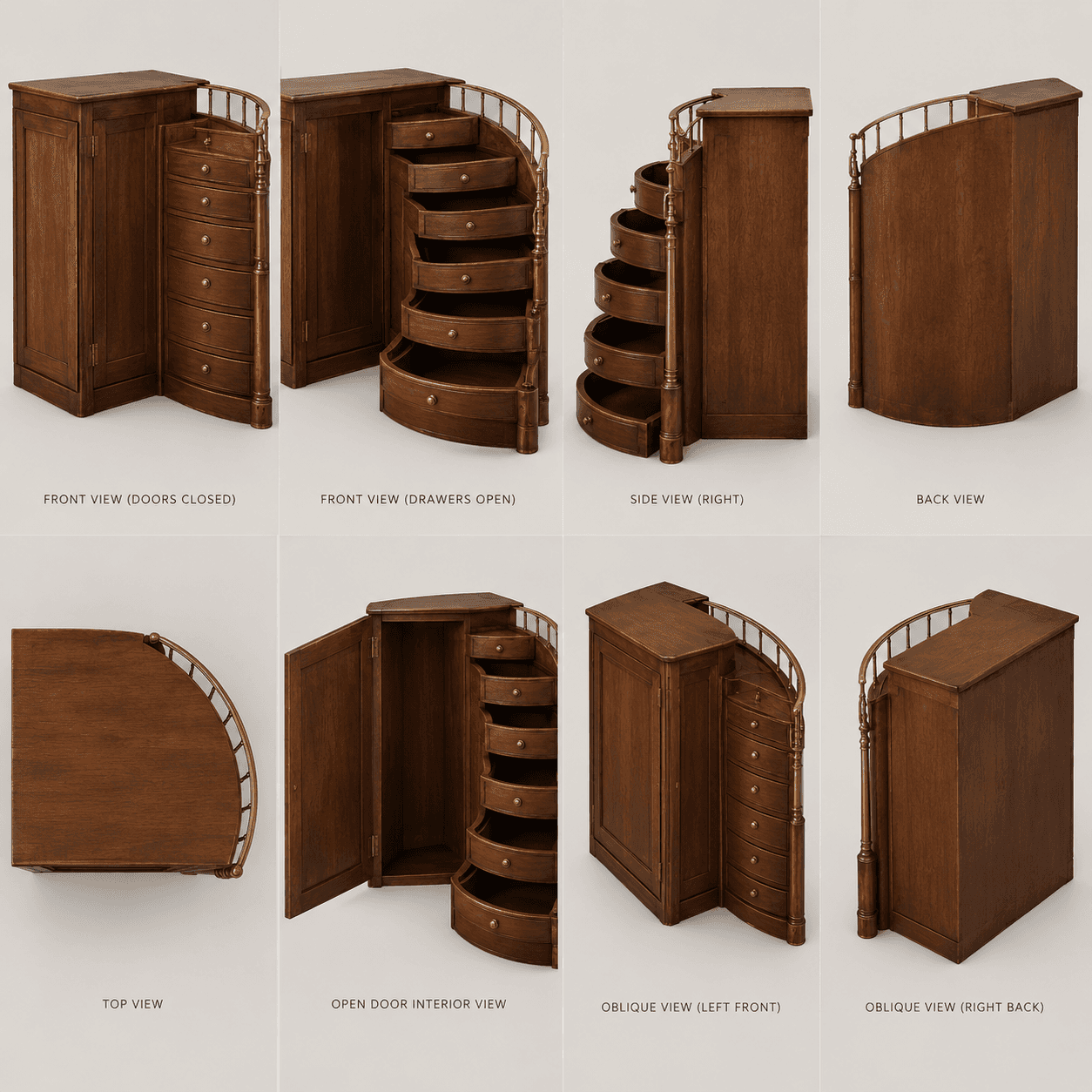 A dark brown wooden cabinet featuring a unique spiral drawer system on one side and a tall, paneled… — 3D model