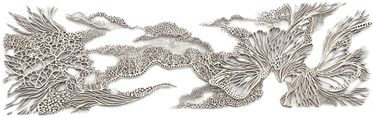 A horizontal, elongated piece of wall art featuring an intricate, organic, and abstract design crafted from metal. The design incorporates various textures and patterns, resembling natural forms such as coral, foliage, or cellular structures. The metallic surface has a matte or brushed silver-tone finish. — 3D model