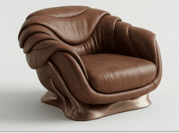 A contemporary armchair with a unique, sculptural design. The seating and backrest are upholstered in rich brown leather, featuring a layered, wave-like pattern. The base is a distinct, flowing metallic structure that contrasts with the soft upholstery, giving it a modern and artistic aesthetic. — 3D model