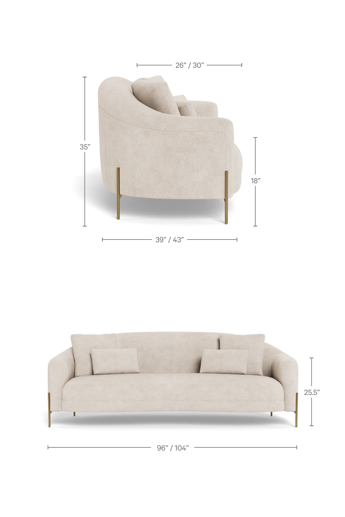 A contemporary sofa with a curved back and a plush, textured upholstery. It features clean lines, generously sized seat and back cushions, and is supported by slim, metallic legs. Two accent pillows are included. Dimensions are provided for overall width, depth, and height. — 3D model