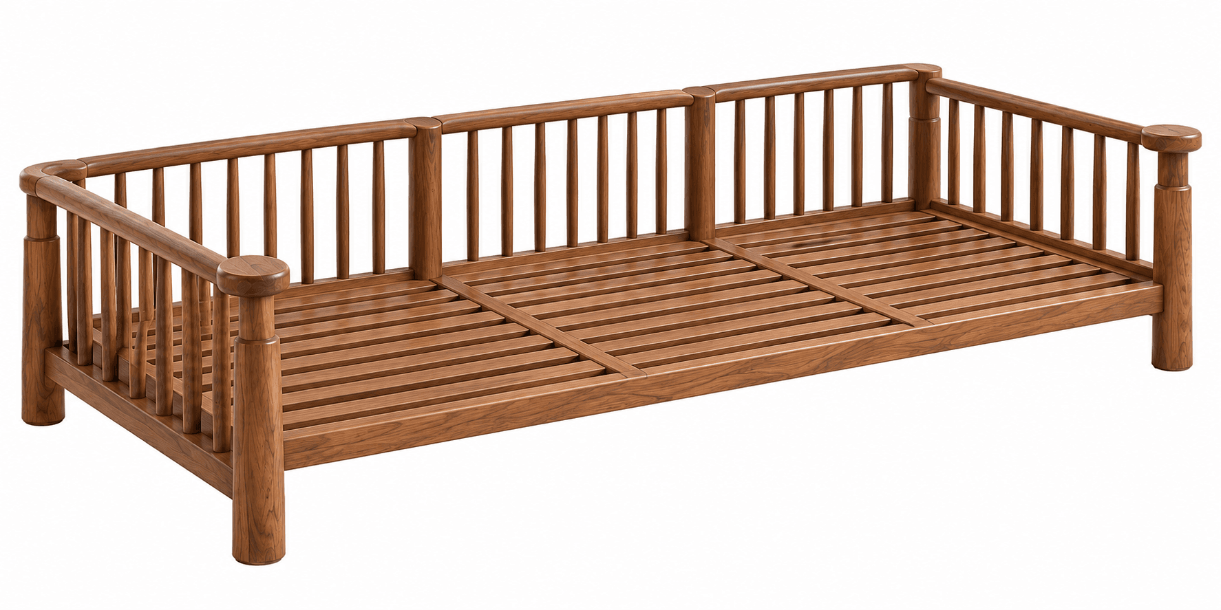 A wooden daybed frame featuring a slatted seat base and spindle back and side rails, finished in a medium brown wood tone. The design includes rounded top rails and sturdy post legs. — 3D model