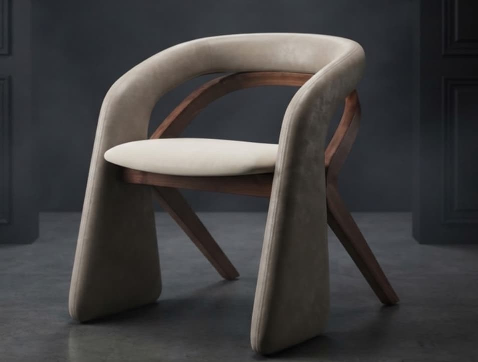 A contemporary dining armchair featuring a unique sculptural design. The chair consists of a curved backrest and integrated armrests, fully upholstered in a greige material, which creates an enveloping shape. This upholstered shell rests upon and is supported by an exposed, dark-stained wooden frame that forms the splayed legs. A contrasting, lighter cream-colored upholstered seat cushion provides additional comfort. The design emphasizes fluid lines and a sophisticated blend of materials. — 3D model