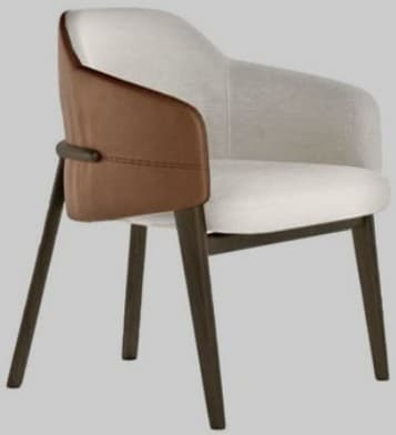 A contemporary armchair featuring a combination of light-colored fabric upholstery for the seat and back, and contrasting brown leather accents on the outer armrests. The chair has a curved, enveloping backrest and a comfortable upholstered seat. It is supported by four dark-stained, tapered wooden legs. — 3D model