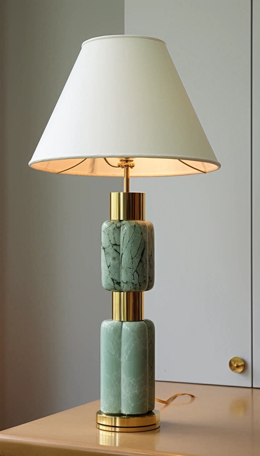 A contemporary table lamp featuring a stacked base of green marble and brass accents, topped with a white fabric conical shade. The base comprises two cylindrical green marble sections, each with a subtle fluted or rounded profile, separated and capped by polished brass rings and a circular brass base plate. The design emphasizes a balanced combination of luxurious materials and geometric forms. — 3D model