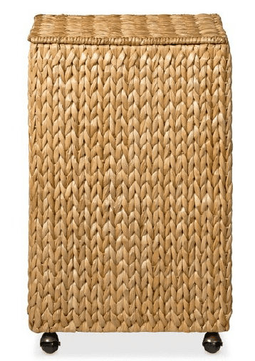 A tall, rectangular storage hamper crafted from tightly woven natural water hyacinth, featuring a flat, removable lid and four dark-finished caster wheels for mobility. — 3D model