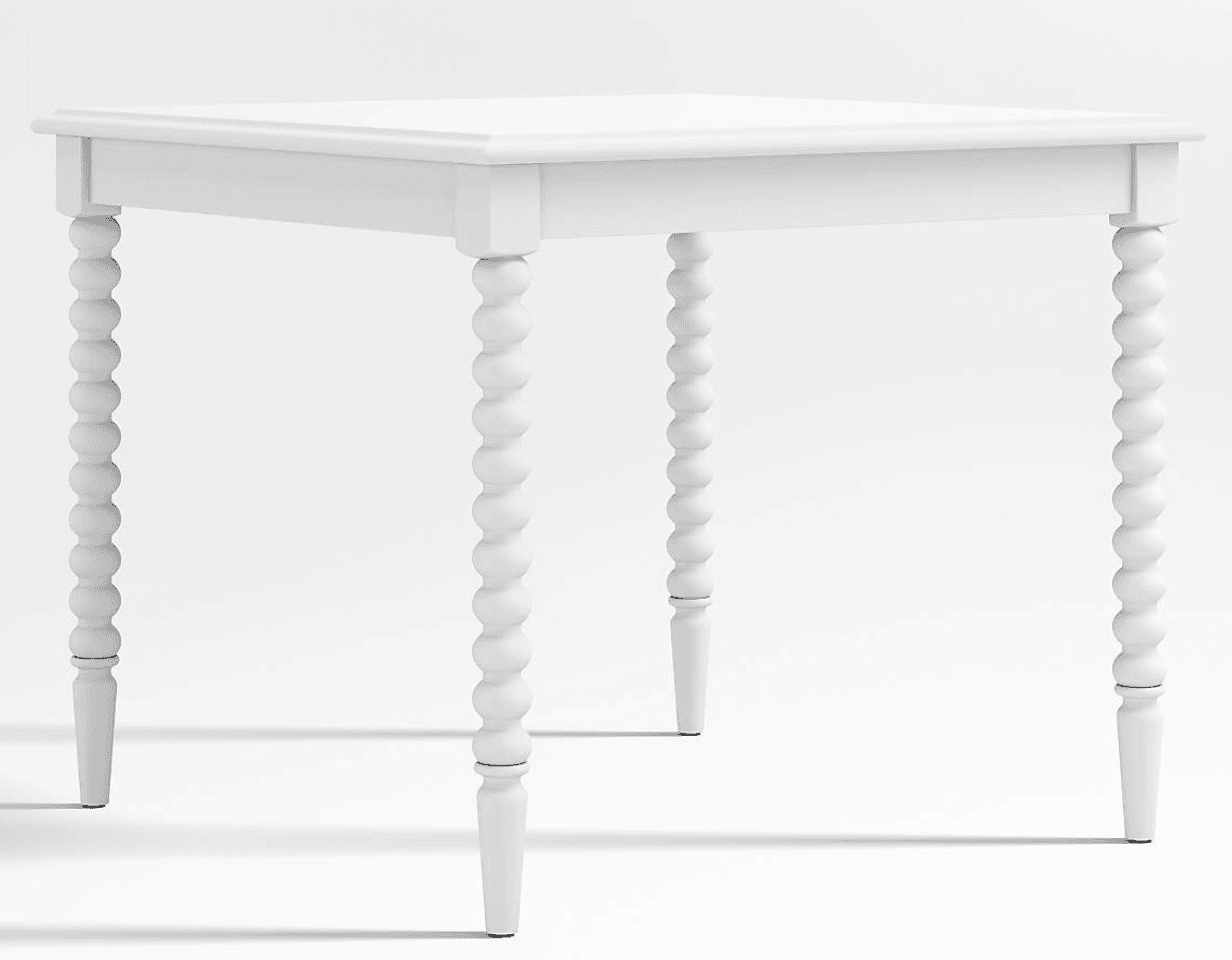 A square white table featuring distinctive bobbin-turned legs and a clean, minimalist tabletop. — 3D model