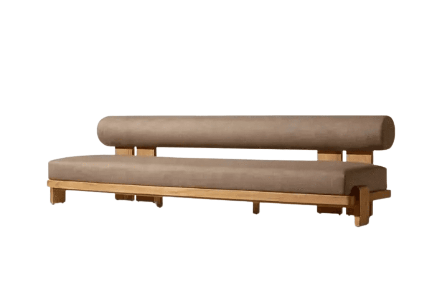 A modern upholstered bench featuring a prominent wooden frame and distinctive cushions. The seat is a flat upholstered cushion, while the backrest is a long, cylindrical bolster cushion, both in a light brown or tan fabric. The visible wooden frame has clean lines and forms the base and supports for the backrest. — 3D model