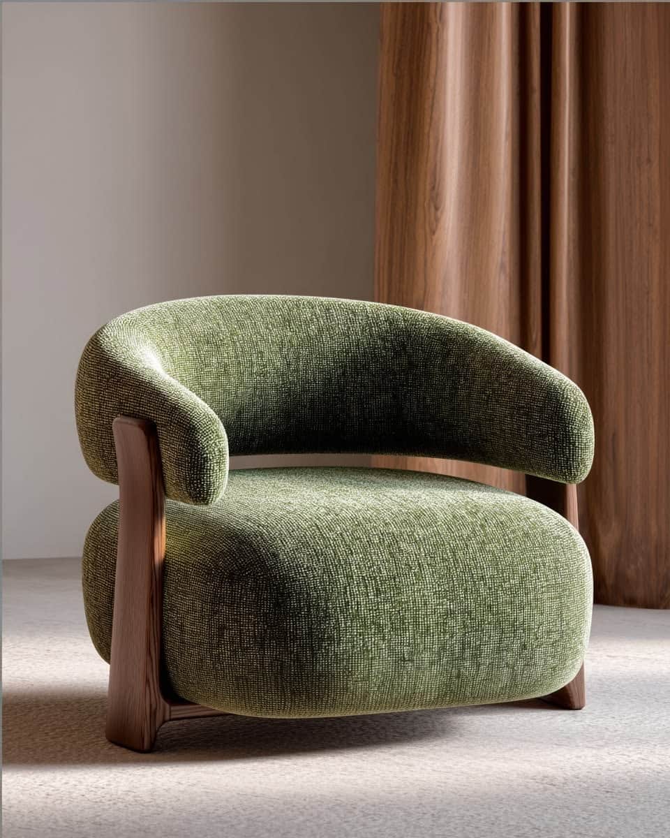 A contemporary lounge chair featuring a distinctive curved, fully upholstered form in a textured gre… — 3D model