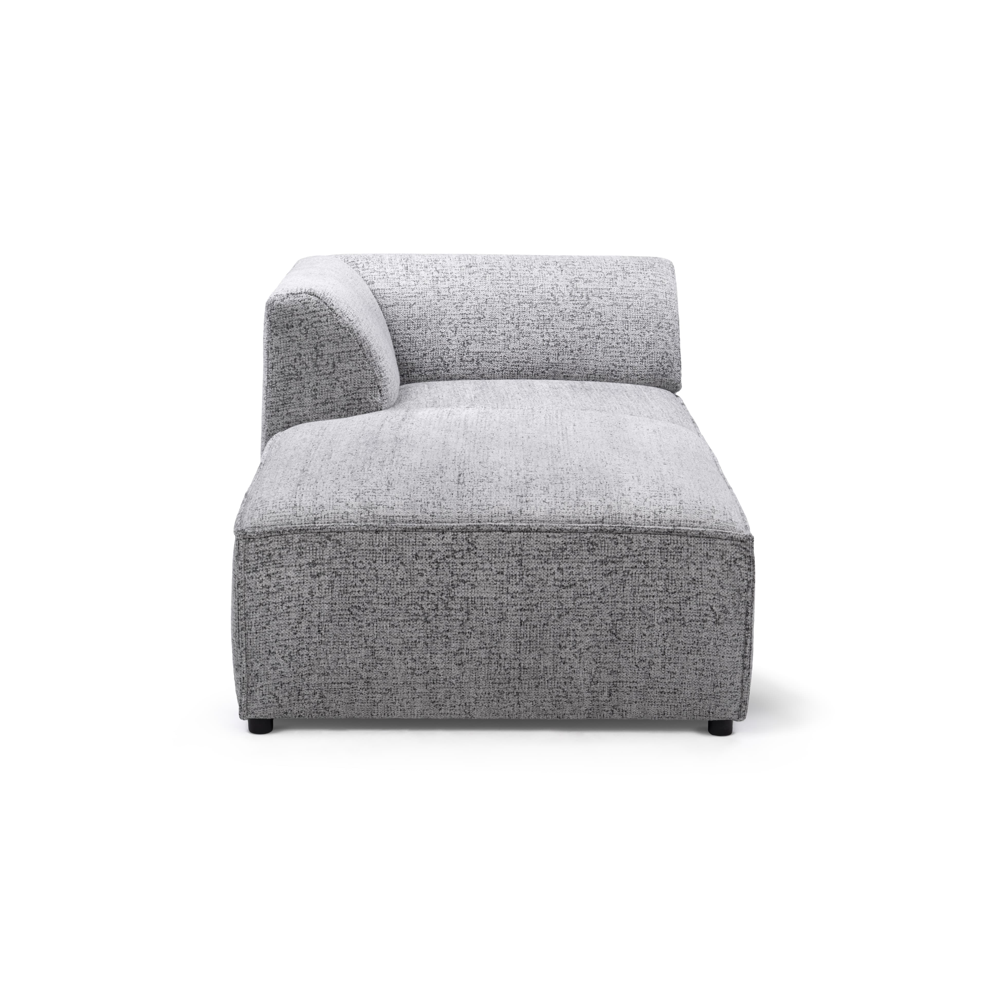 A modern, modular sofa section designed as a left-arm facing chaise lounge or corner piece. It features a low profile, blocky base, and a wrap-around back and armrest that curves gently on the left side. The upholstery is a textured, speckled fabric. — 3D model