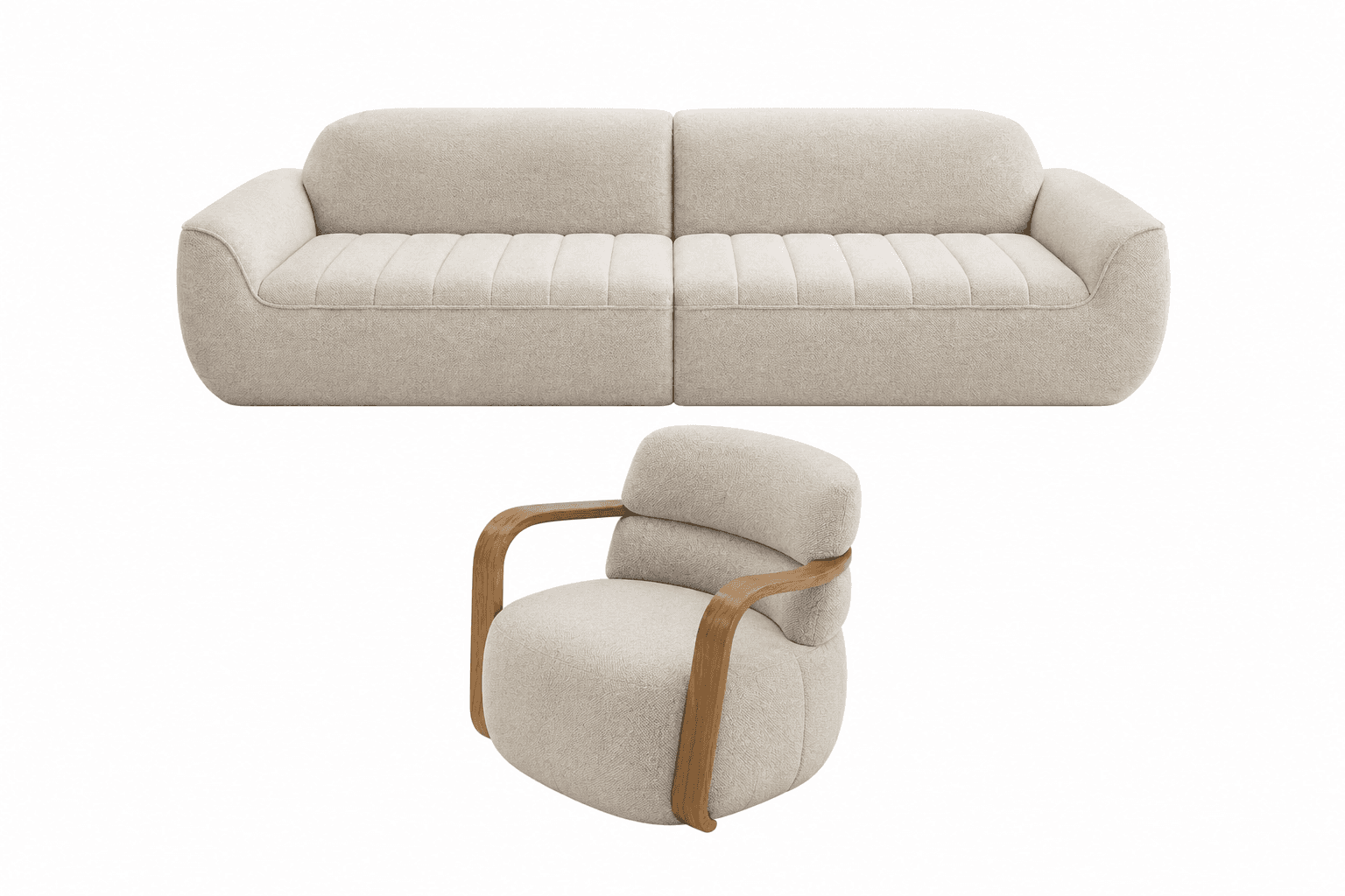 A modern two-seater sofa upholstered in a light beige, textured fabric, featuring a low-profile desi… — 3D model
