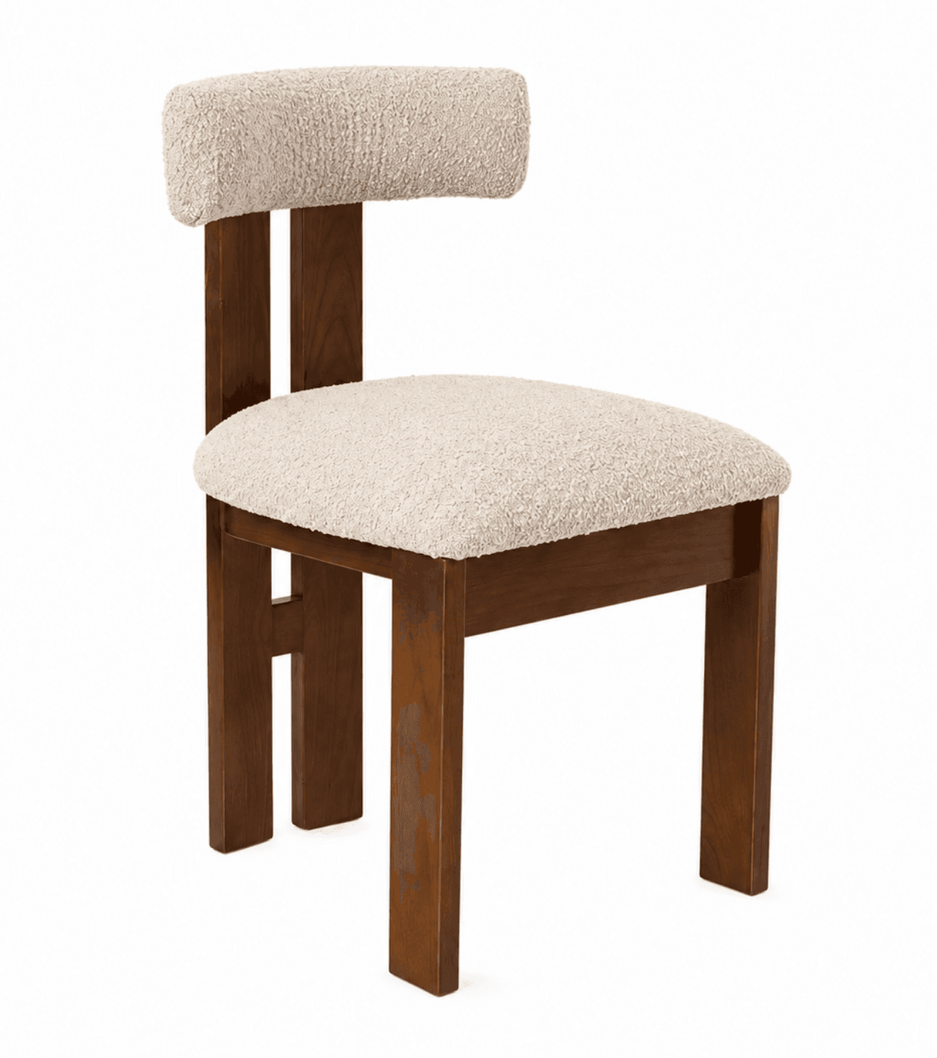 A contemporary accent chair featuring a solid dark wood frame and plush, off-white bouclé upholstery… — 3D model