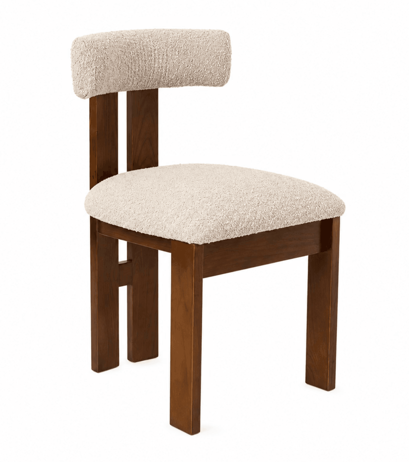 A contemporary accent chair featuring a solid dark wood frame and plush, off-white bouclé upholstery on the seat and a low, rounded backrest. The chair has a minimalist design with clean, straight lines and sturdy construction. — 3D model