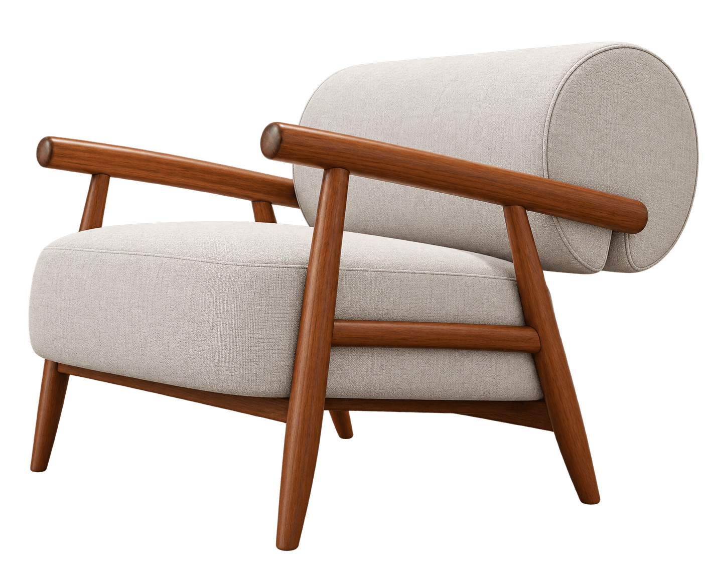 An upholstered lounge chair featuring a prominent exposed wooden frame with a light beige fabric cushion. The design incorporates a cylindrical backrest cushion and slightly splayed, tapered wooden legs, characteristic of mid-century modern and Scandinavian aesthetics. — 3D model