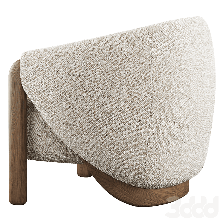 A contemporary armchair with a rounded, upholstered seat and back, supported by a wooden base and legs. The upholstery has a textured, boucle-like finish. The wooden elements feature a visible grain pattern and a warm, natural tone. — 3D model