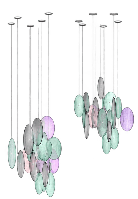 Two modern multi-pendant chandeliers featuring numerous translucent, oval-shaped glass or acrylic di… — 3D model