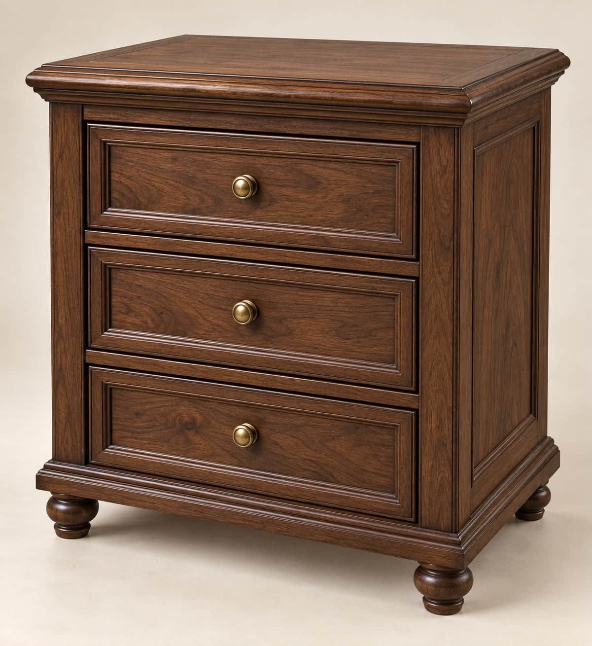 A dark cherry wood nightstand with three drawers, brass knob pulls, classic molding details, and tur… — 3D model