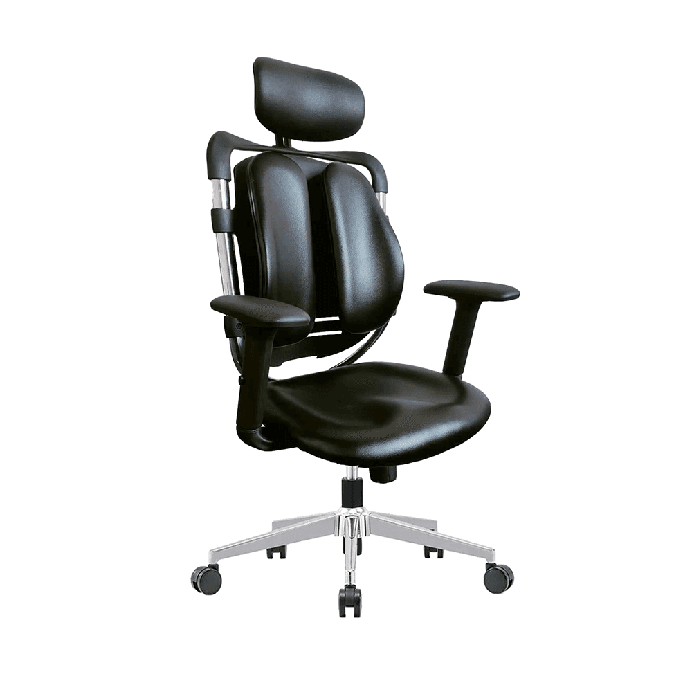 A black ergonomic office chair featuring a prominent headrest, segmented lumbar support, padded armrests, and a polished metal five-star base with casters. — 3D model
