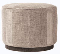 A cylindrical ottoman with a padded top and a dark wooden base. The upholstery features a striped pa… — 3D model
