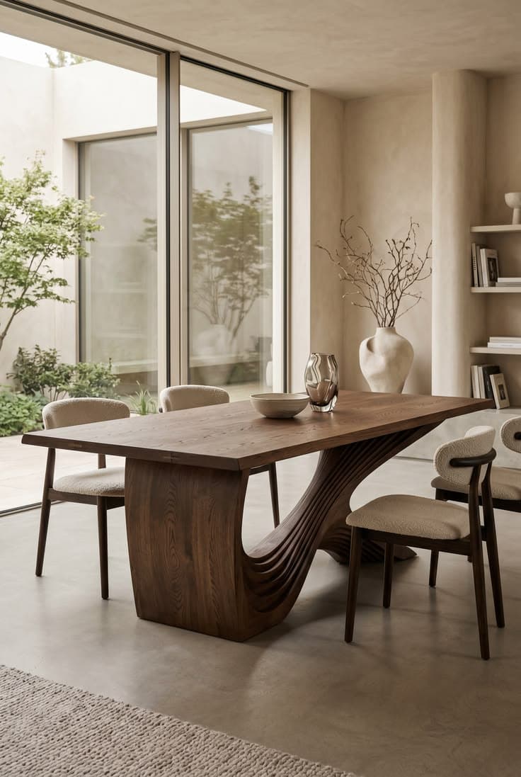 A rectangular wooden table featuring a unique, sculptural base with a wave-like carved design and a natural dark wood grain finish. — 3D model