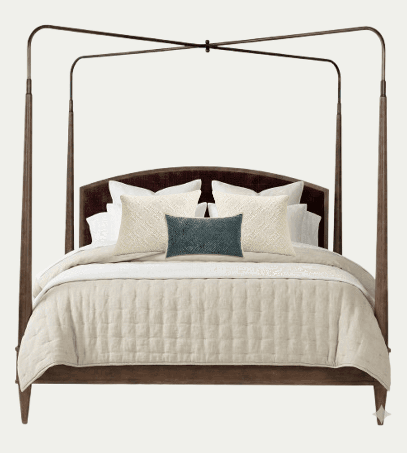 A four-poster bed with a dark wood frame and a upholstered headboard. The bed is dressed with a quil… — 3D model